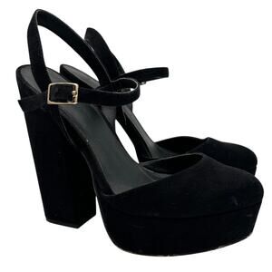 ASOS Black Suede Platform Ankle Strap Mary Jane Block Heel Pumps Size 6.5 EU 37